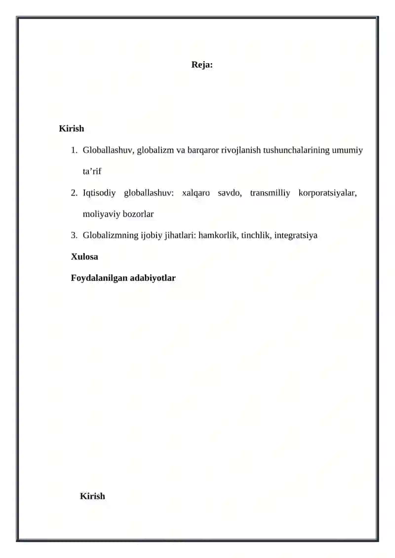 Globallashuv, globalizm va barqaror rivojlanishning ustuvor yo`nalishlari 2