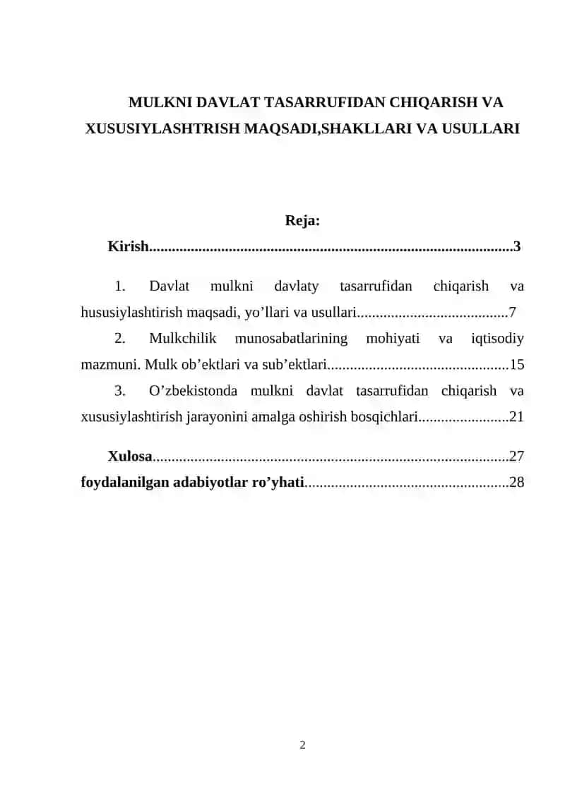 Davlat Mulkni Davlat Tasarrufidan Chiqarish va Xususiylashtirish 2