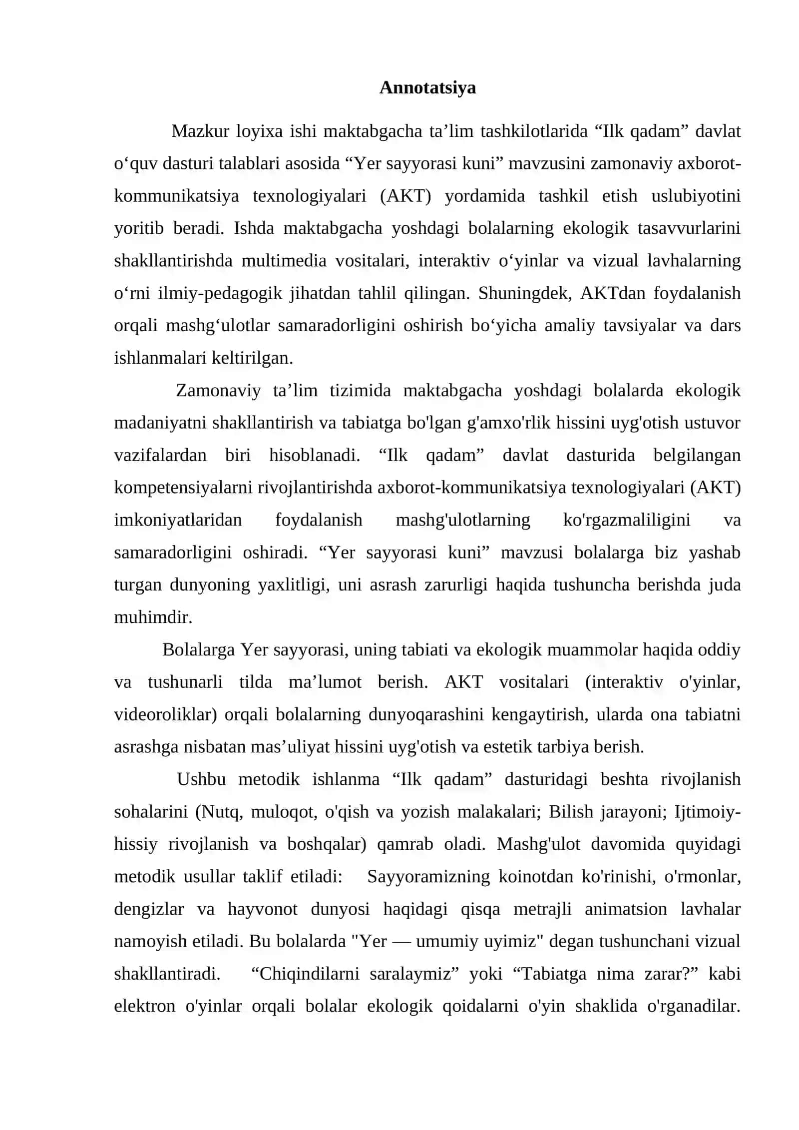 MAKTABGACHA TA’LIM TASHKILOTI TARBIYACHILARI MALAKA OSHIRISH KURSI (rivojlantiruvchi) 2