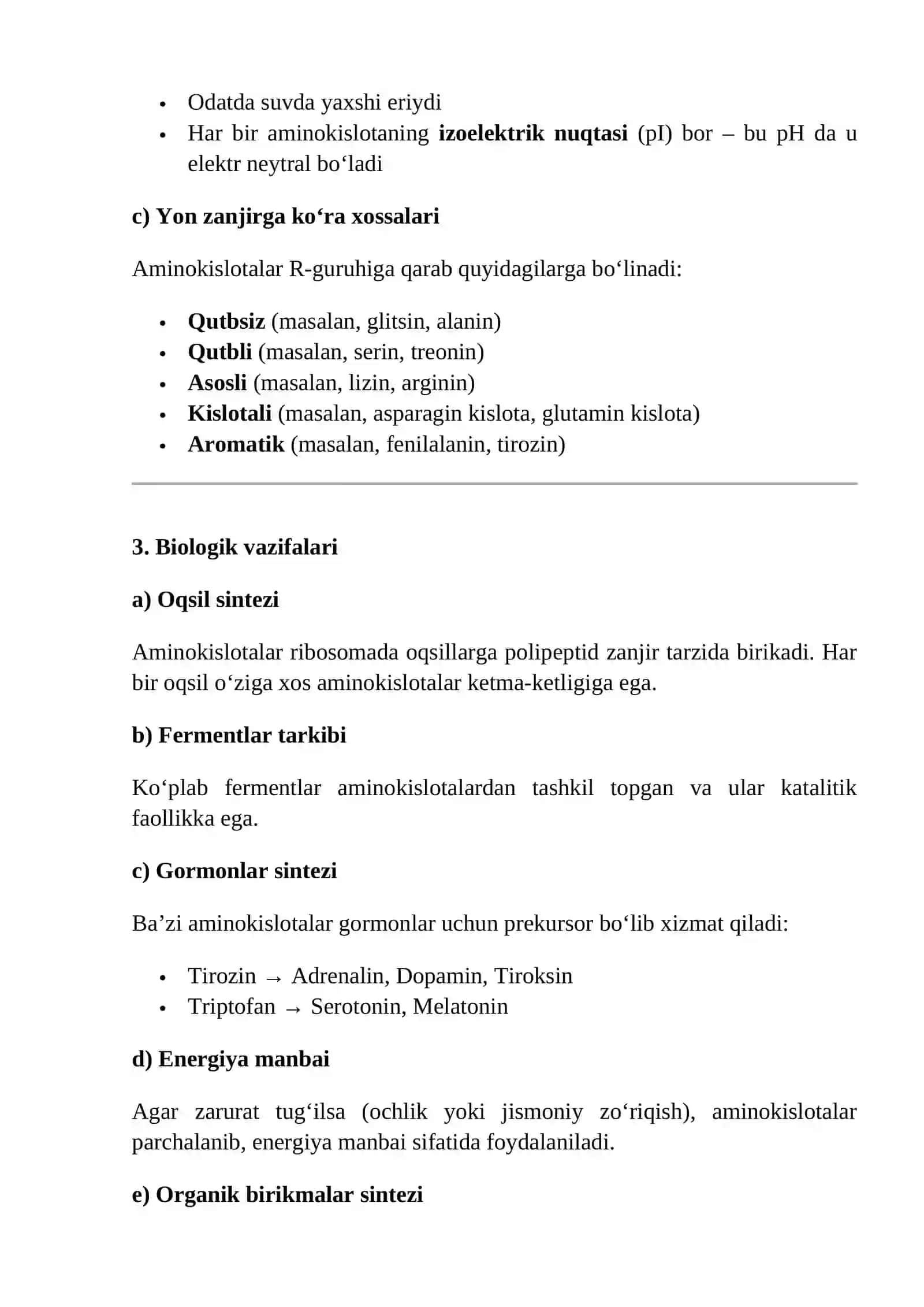 Aminokislotalar tuzulishi, xossalari va biologik vazifalari 2