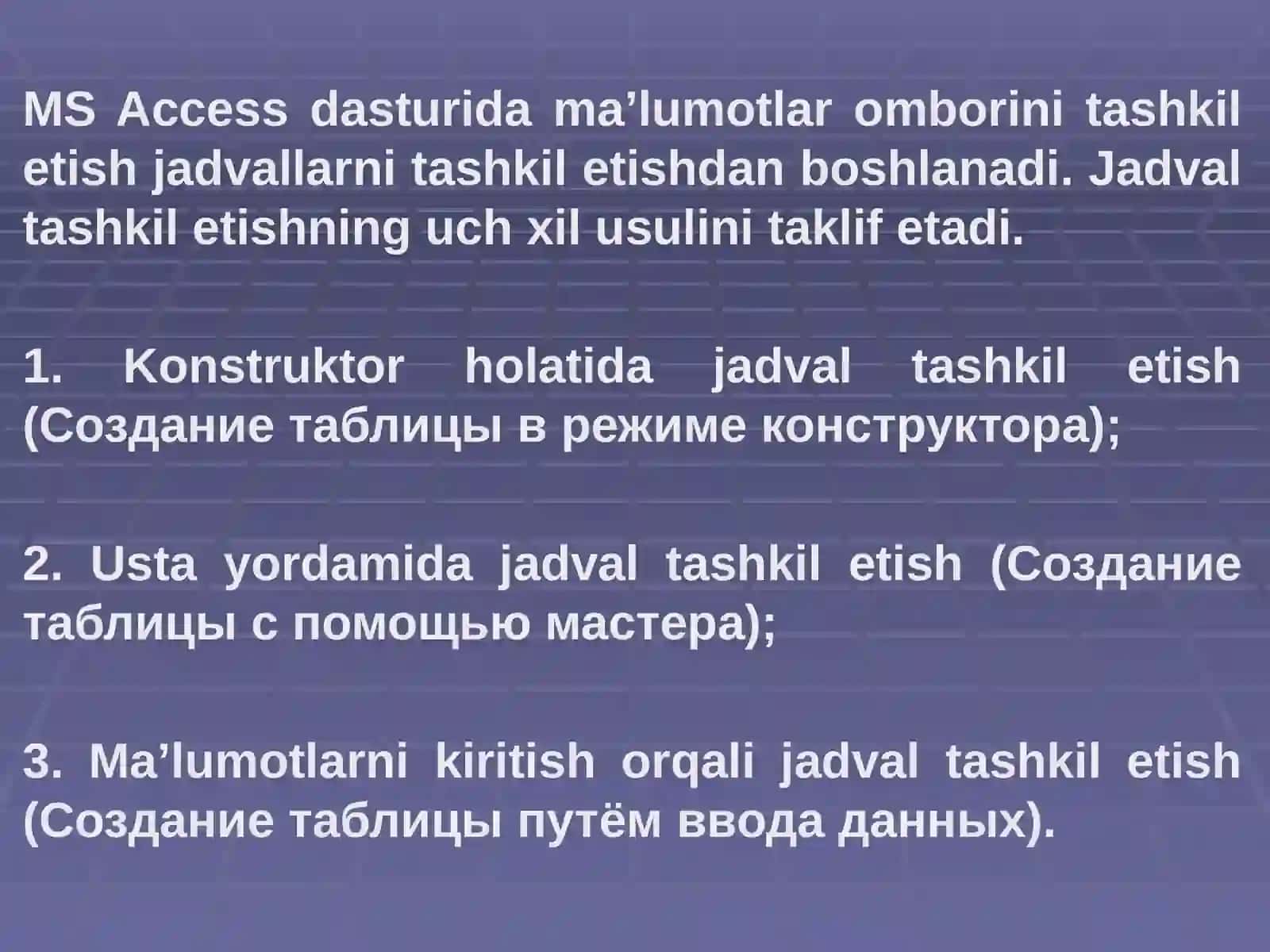 Microsoft Access dasturi yordamida ma’lumotlar omborini tashkil etish. 2