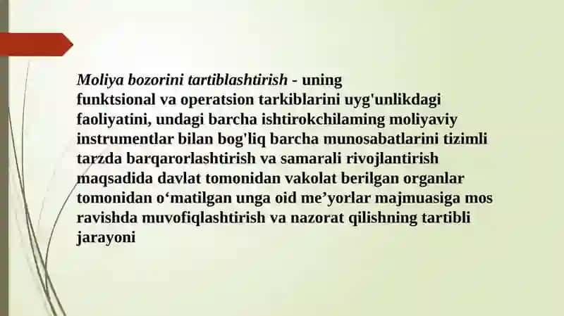 MOLIYA BOZORINI MUVOFIQLASHTIRISH VANAZORAT QILISH ASOSLARI 2