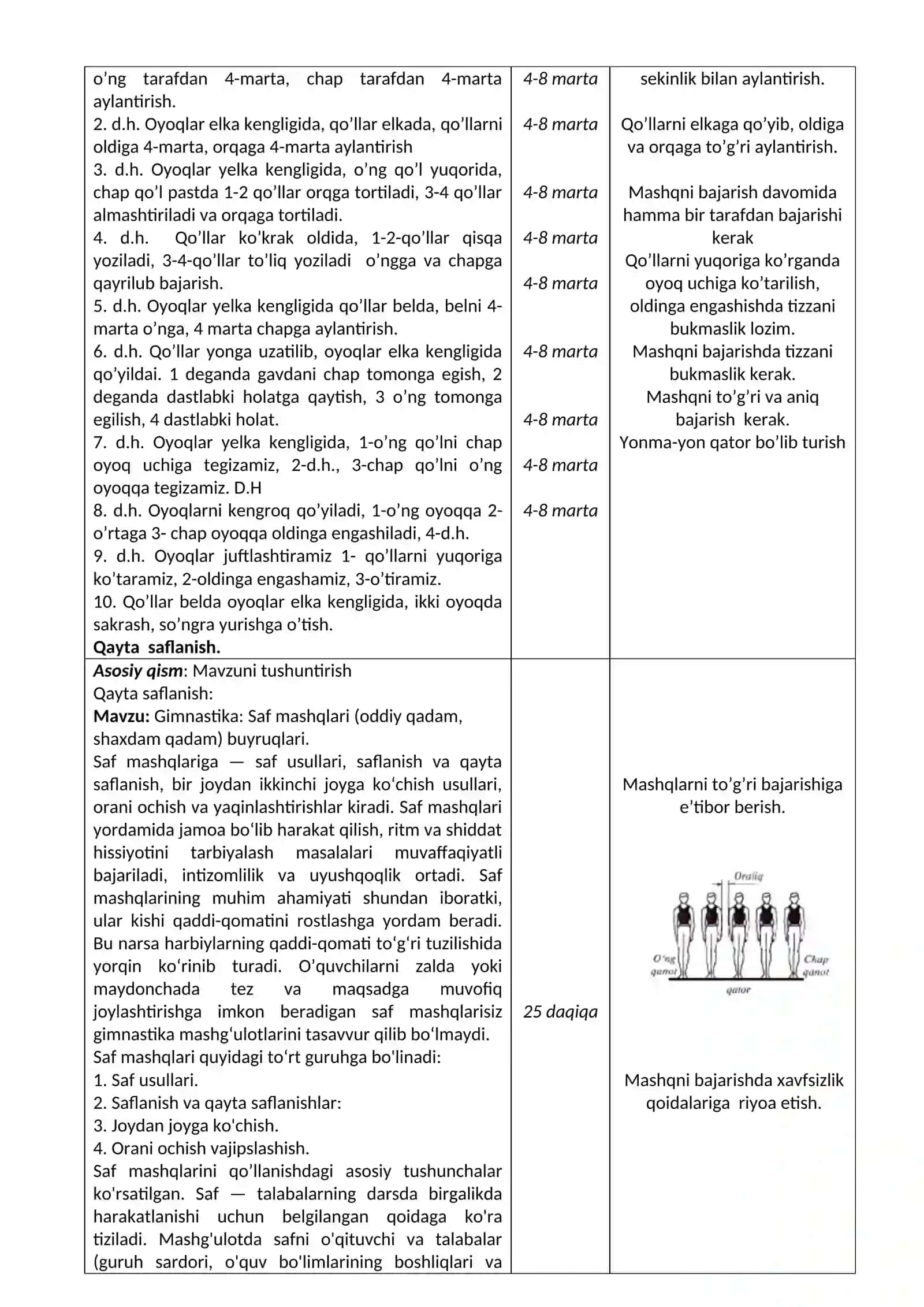 Gimnastika: Saf mashqlari (oddiy qadam, shaxdam qadam) buyruqlari 2