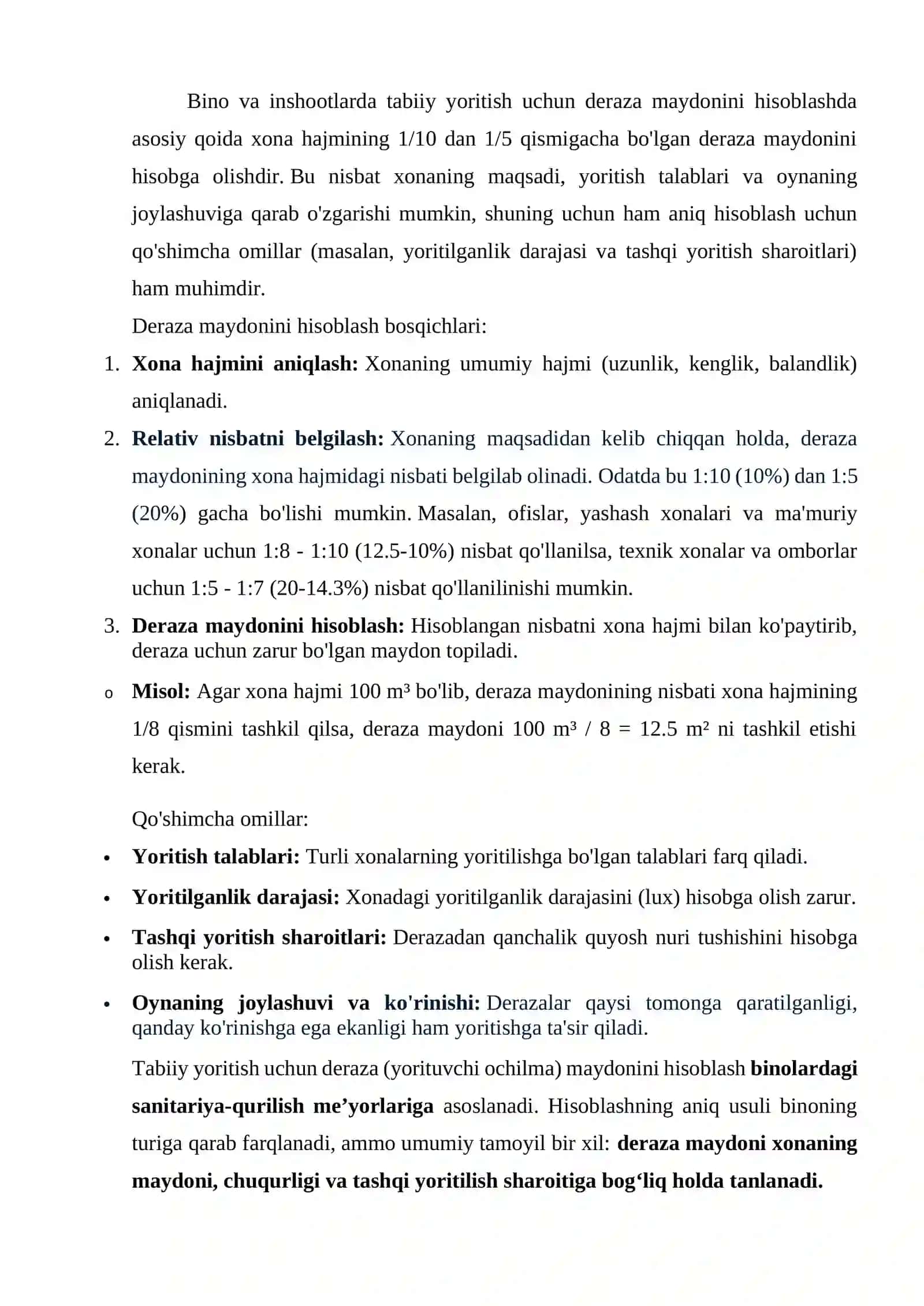 Tabiiy yorug’lik tushishi uchun kereakli yon derazalar maydonini aniqlash 2