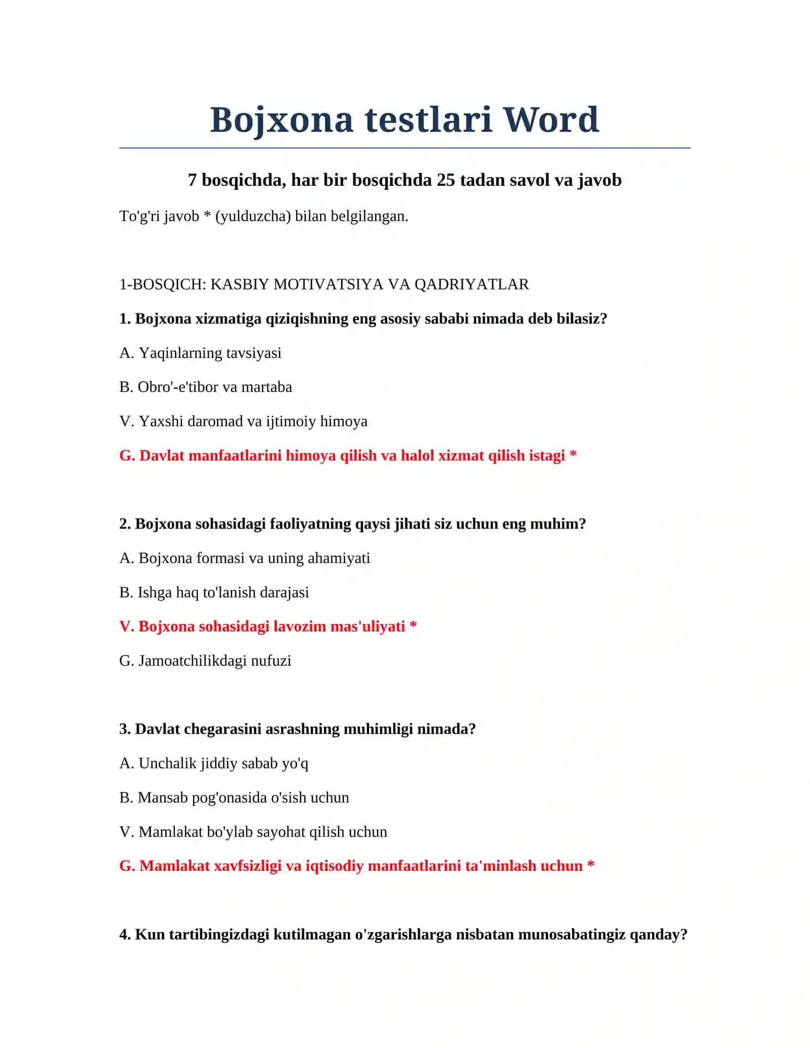 Bojxona testlari Word 2