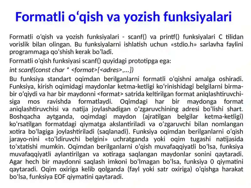 Formatli o‘qish va yozish funksiyalari 2