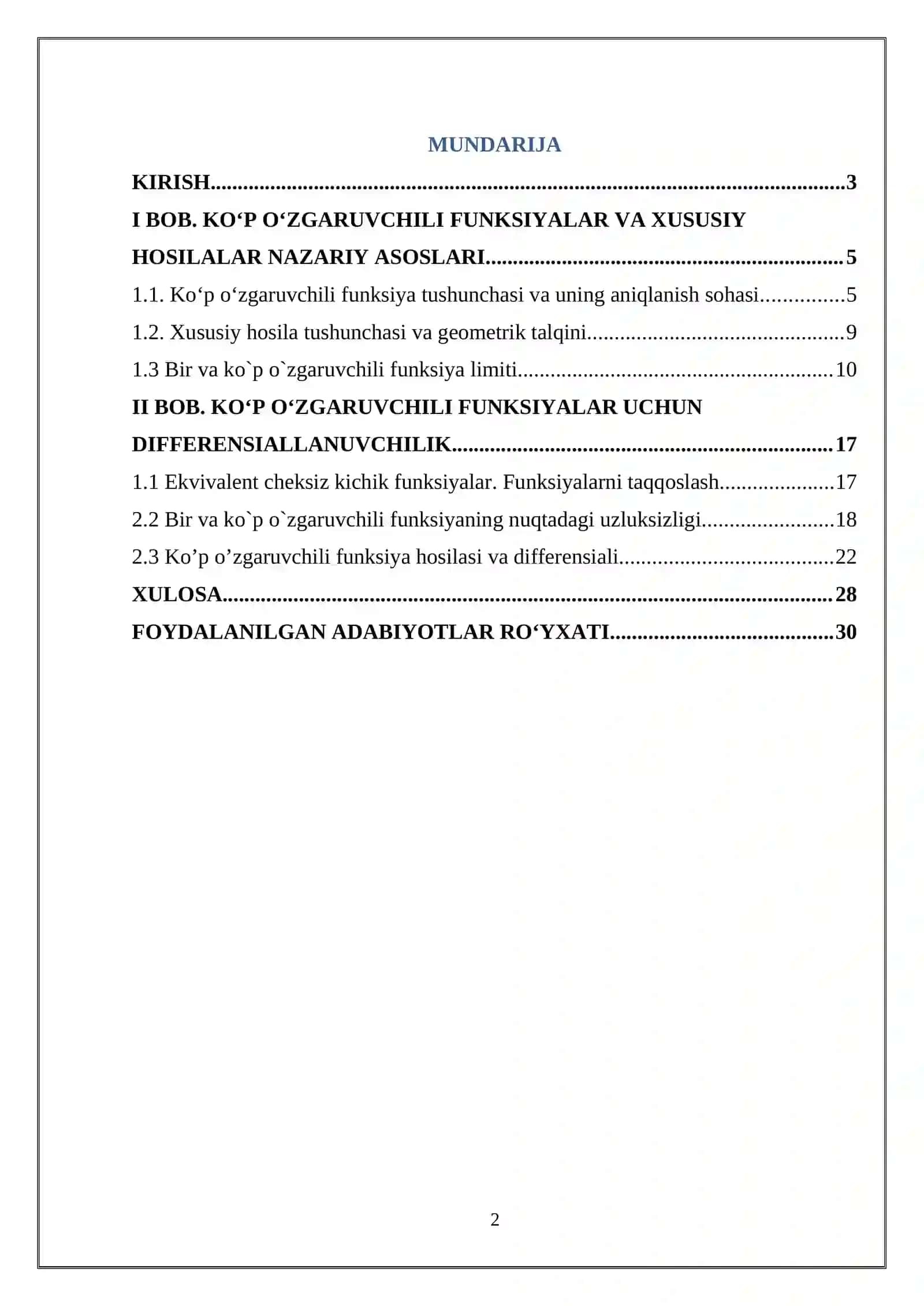 Ko’p o’zgaruvchili funksiyani xususiy hosilalarini topishga doir misollar. Ko’p o’zgaruvchili funksiyaning differensiallanuvchilikga tekshirish va uning differensialini hisoblash 2