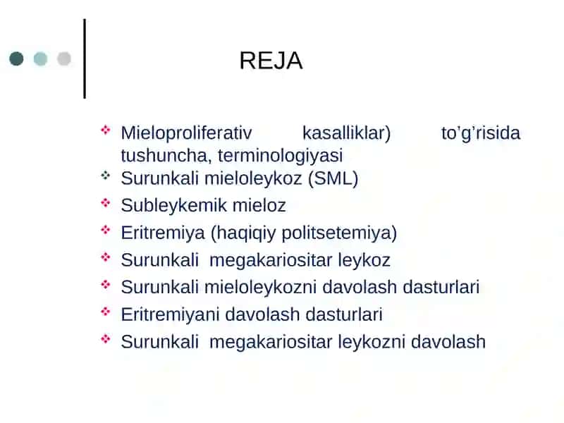 Miyeloproliferativ kasalliklar. Diagnostikasi va davolash tamoyillari. 2