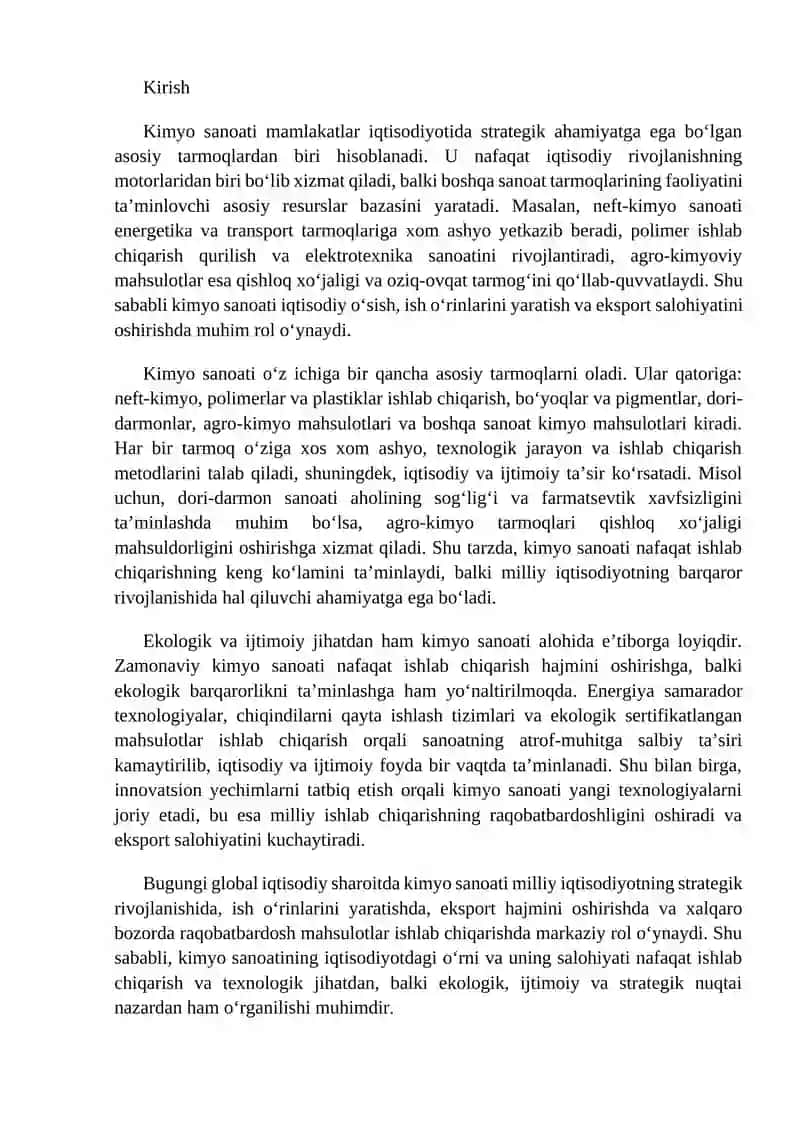 Kimyo sanoatining tarmoqlar iqtisodiyotidagi o‘rni 2