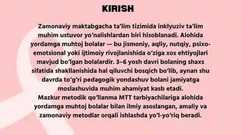 ALOHIDA YORDAMGA MUHTOJ 3-6 YOSHLI BOLALAR BILAN ISHLASH BO'YICHA METODIK QO'LLANMA 2
