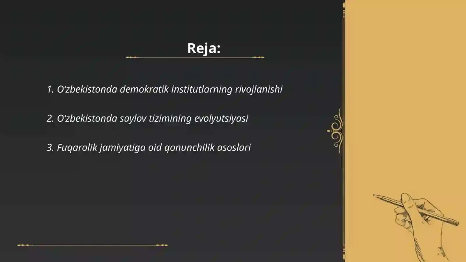 Oʻzbekistonda demokratik, fuqarolik jamiyati asoslarining shakllanishi, amalga oshirilgan siyosiy islohotlar 2