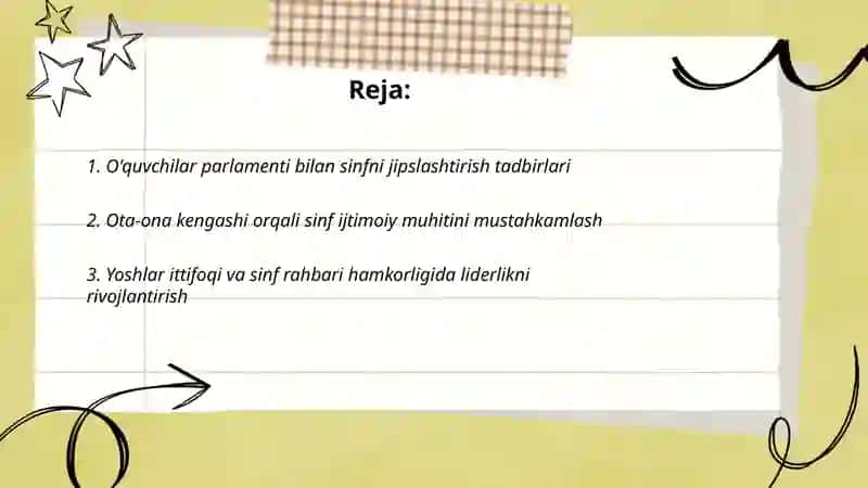 Sinf rahbarining sinf jamoasini jipslashtirishda maktab jamoat tashkilotlari bilan olib boriladigan ishlar 2