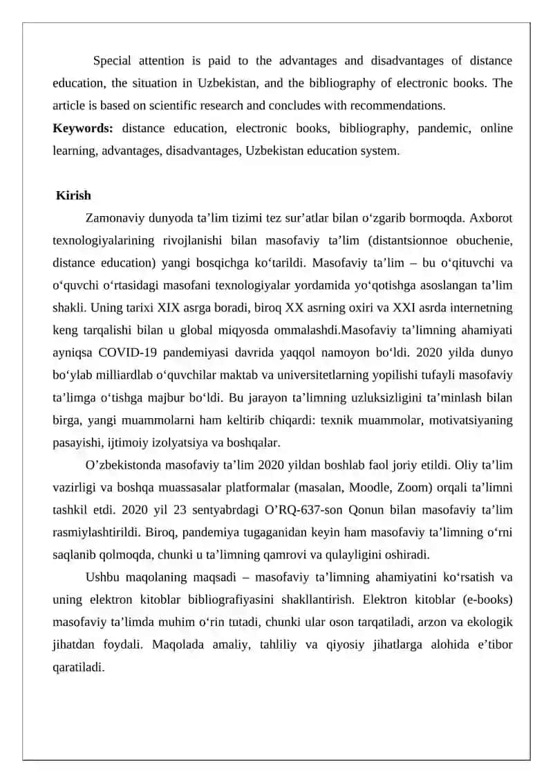 Masofaviy ta’lim va uning ahamiyati haqida elektron kitoblar bibliografiyasini shakllantirish maqola loyihasi 2
