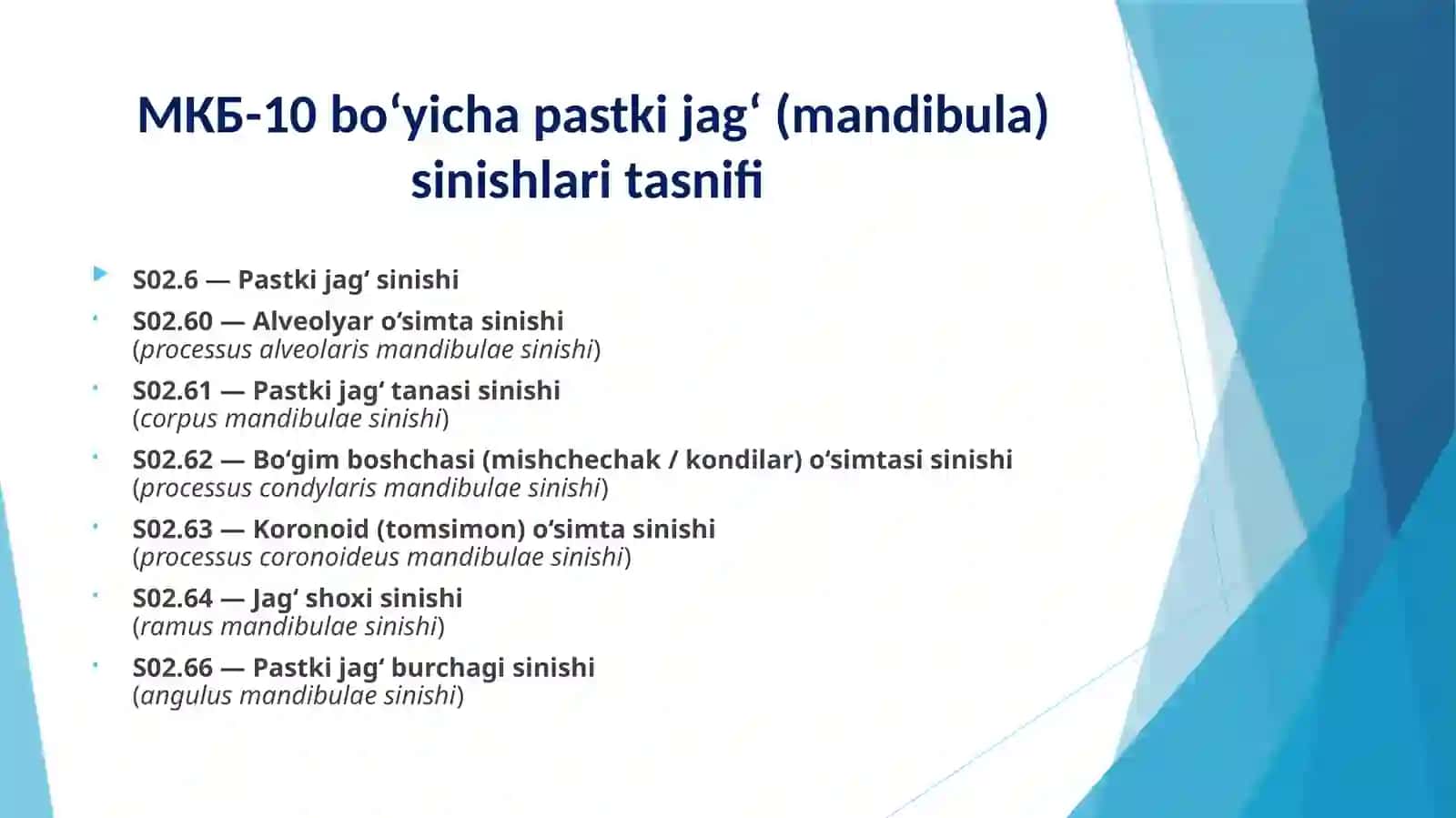 Bolalarda pastki jag’ning 5-sut hamda 6-doimiy tishlar sohasida sinishi. 2