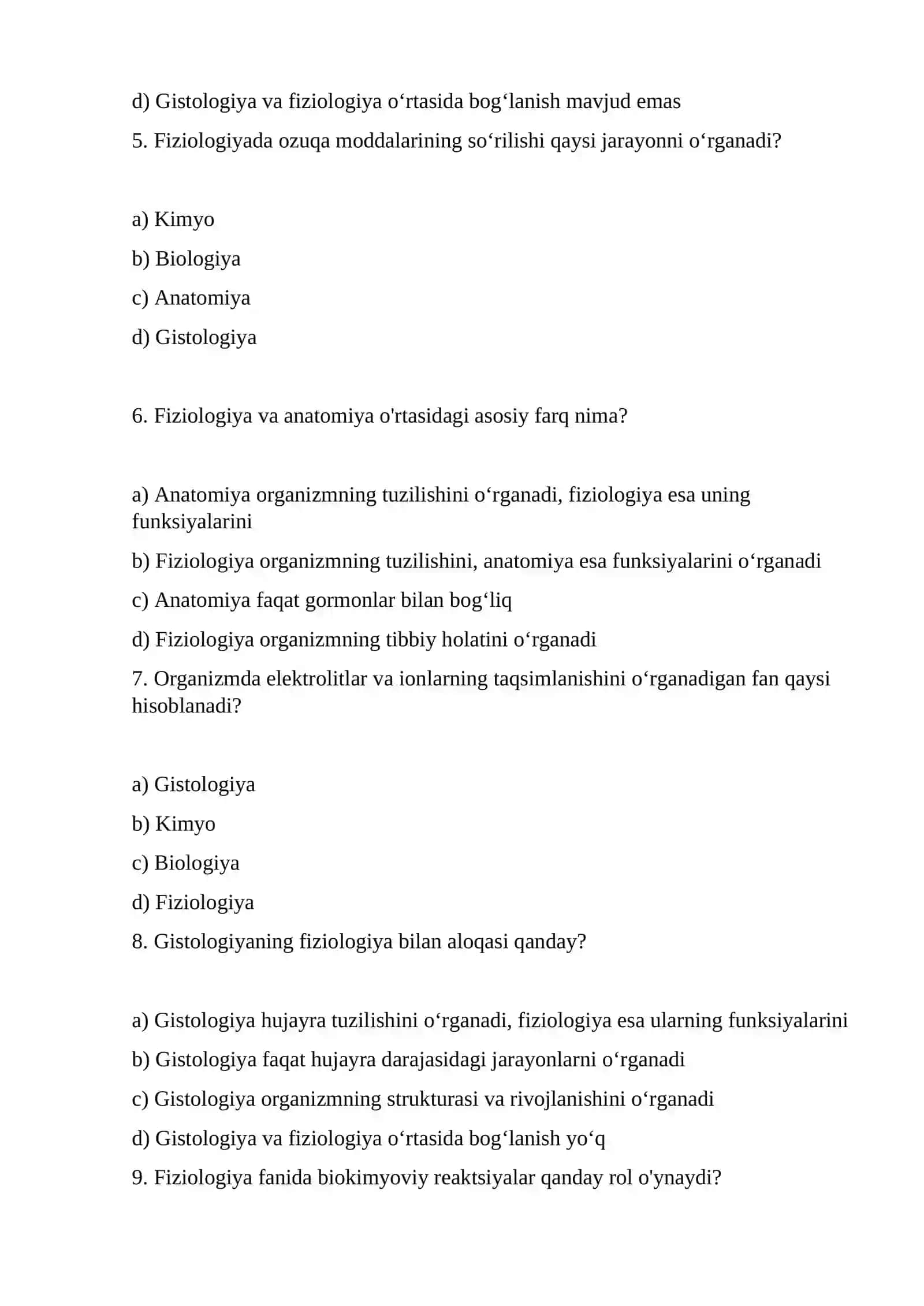 Fiziologiya fanidan tayyorlagan TESTI 2