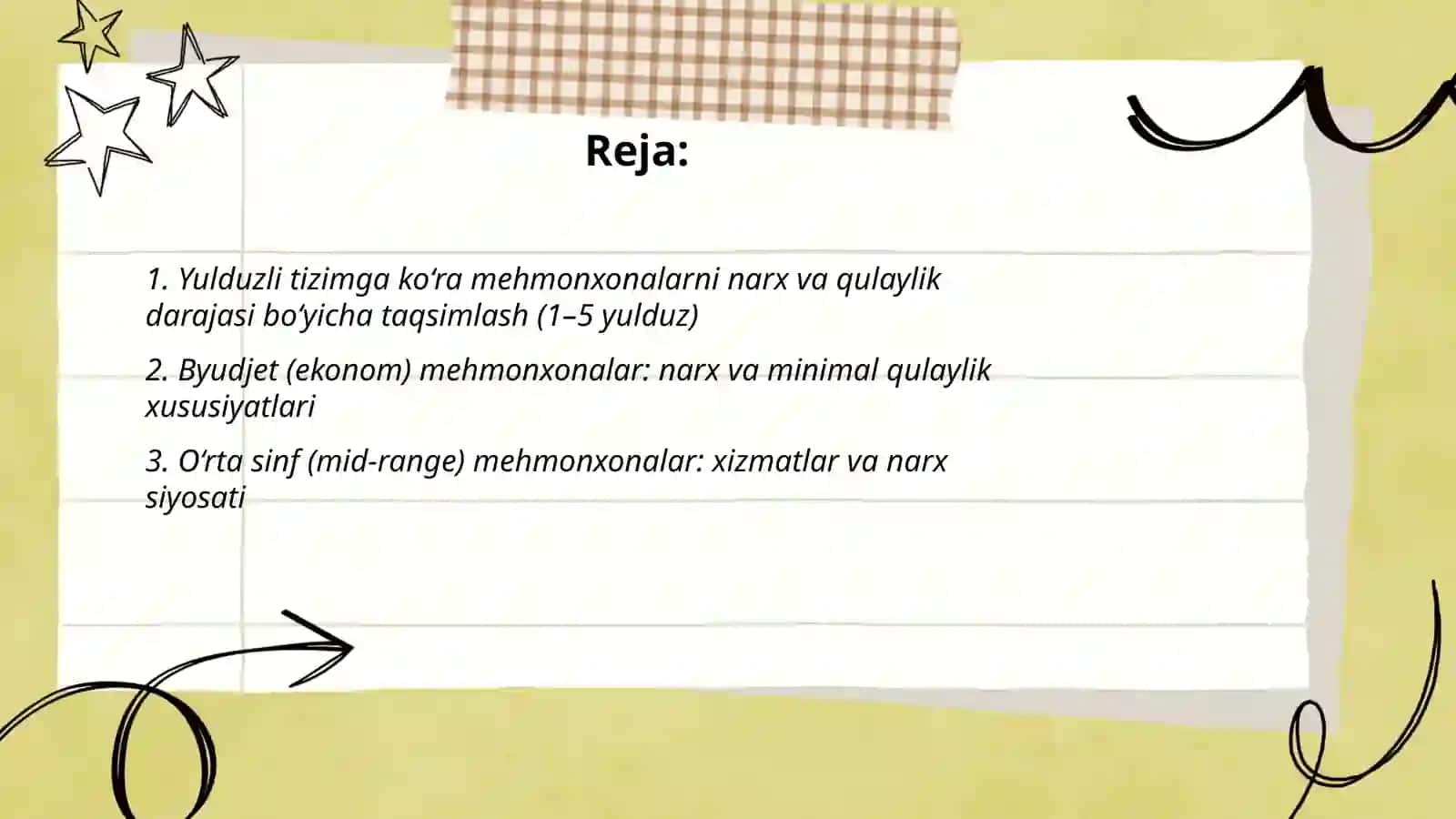 Mehmonxonalarni narx va qulaylik darajasi boʻyicha boʻlinishi 2