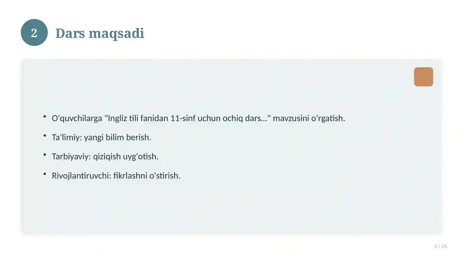 Ingliz tili fanidan 11-sinf uchun ochiq dars ishlanmasi 2