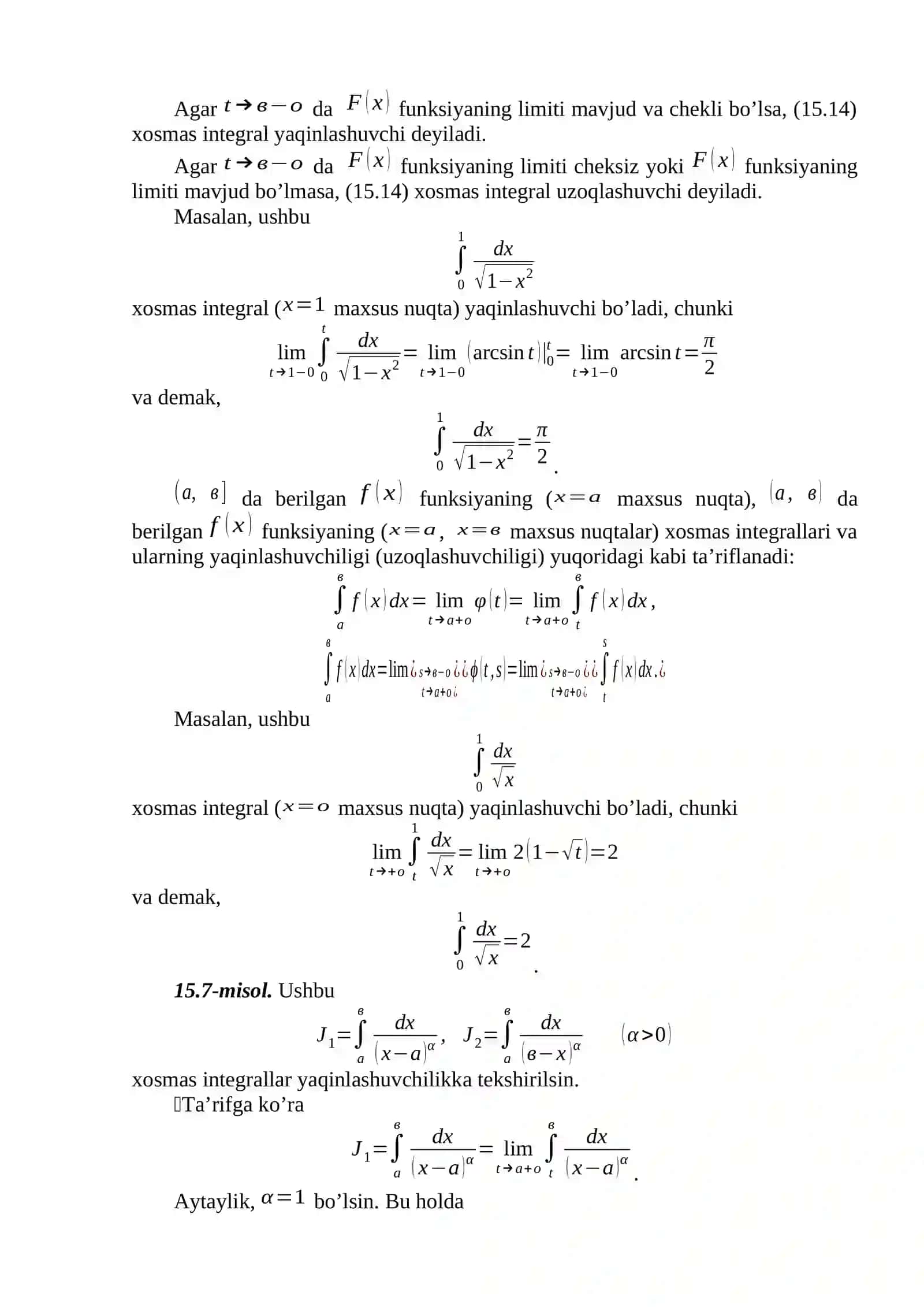 Chegaralanmagan funksiyaning xosmas integrallari 2