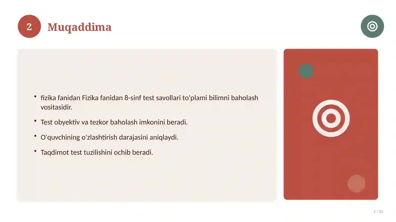 Fizika fanidan 8-sinf test savollari to'plami 2