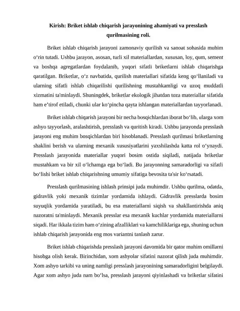 Briket ishlab chiqarish uchun moʻljallangan presslash qurilmasi ishini tadqiq qilish 2