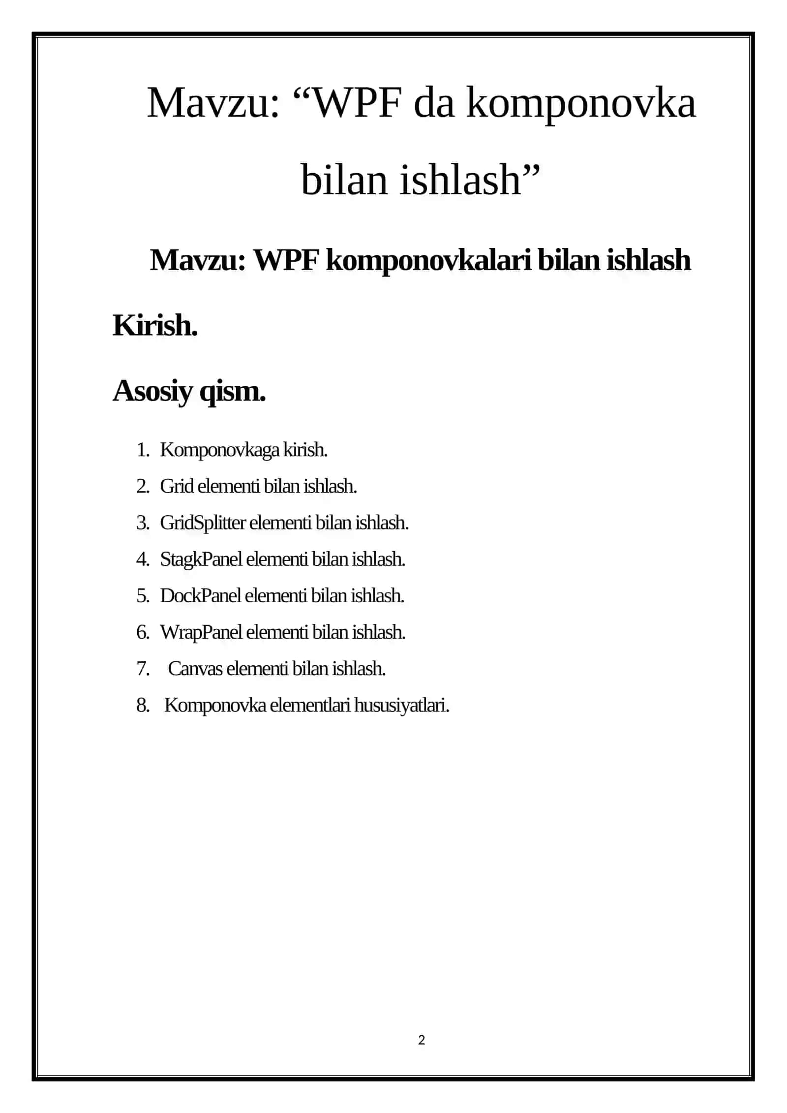 WPF da komponovka bilan ishlash KURS ISHI 2