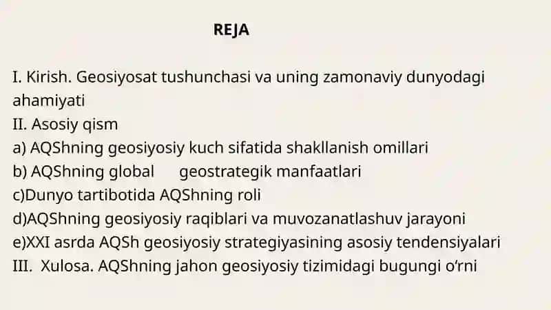 JAHON GEOSIYOSIY TIZIMLARIDA AQSHNING TUTGAN OʻRNI 2