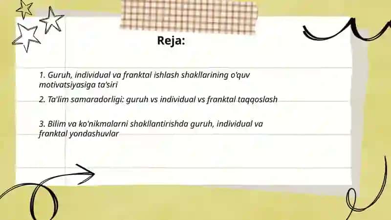 Guruh individual va franktal ishlash shakllarining afzalliklarini taqqoslash 2