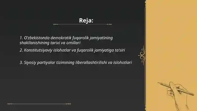 Oʻzbekistonda demokratik fuqarolik jamiyati asoslarining shakllanishi va amalga oshirilgan soyosiy islohotlar 2