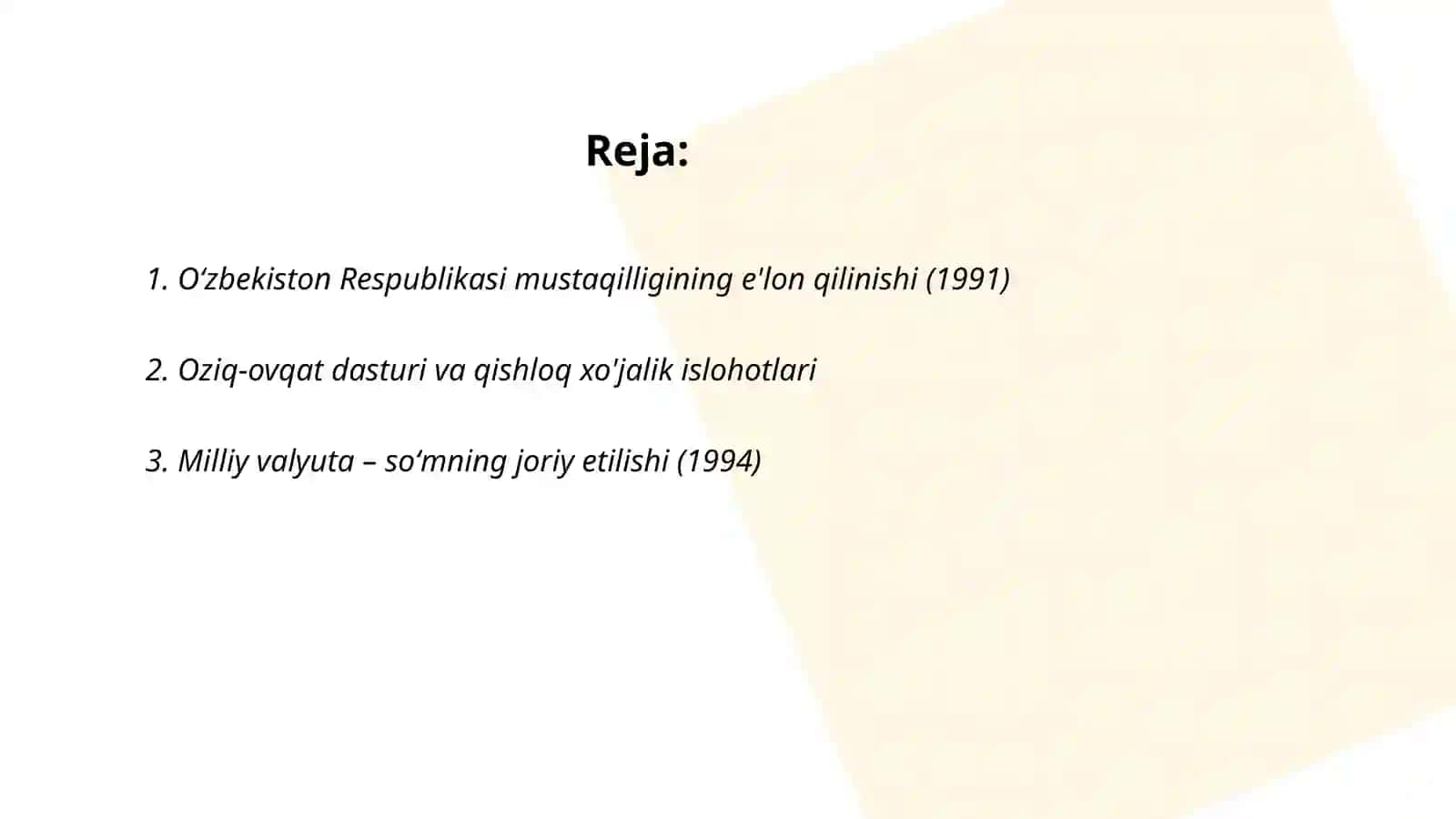 Mustaqil Oʻzbekiston Respublikasida yillarning nomlanishi va amalga oshirilgan islohotlar 2