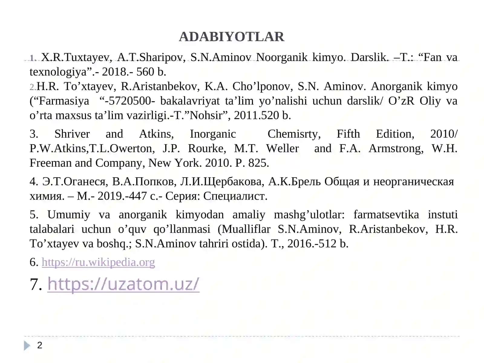 Atom tuzilishi. Atom yadrosining tuzilishi. Kimyoviy bog’lanish va molekula tuzilishi. Valent bog’lanishlar usuli. Molekular orbitallar (MO)usuli. 2