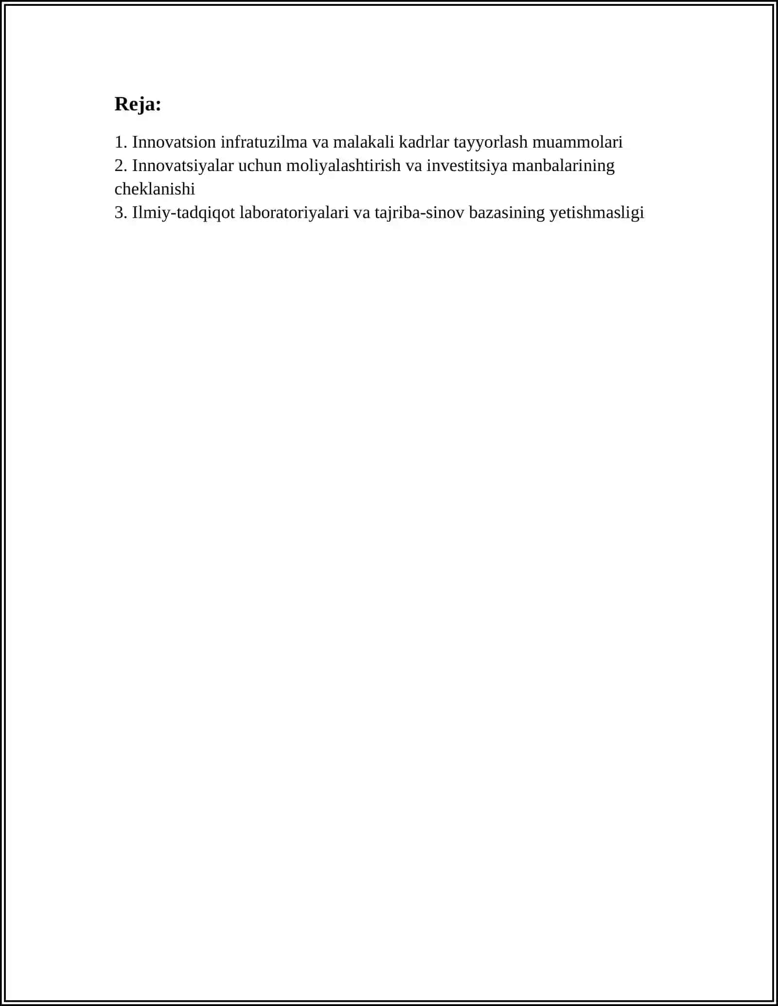 OʻZBEKISTON RESPUBLIKASIDA INNOVATSION FAOLIYATNING MUAMMOLARI VA ULARNI YECHISH MEXANIZMLARI 2