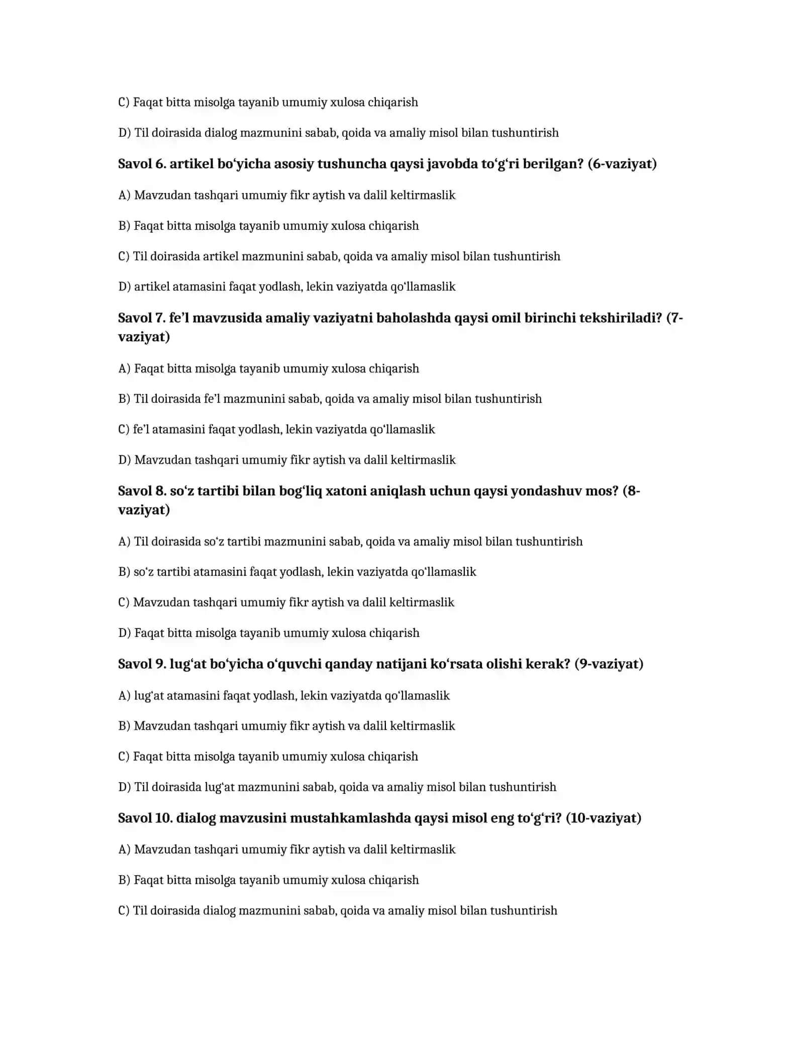Nemis tili A1 — 100 test javoblari bilan 2