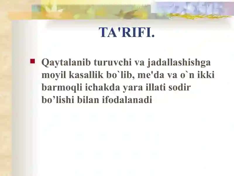 ME'DA VA O`N IKKI BARMOQLI ICHAK YARA KASALLIGI 2