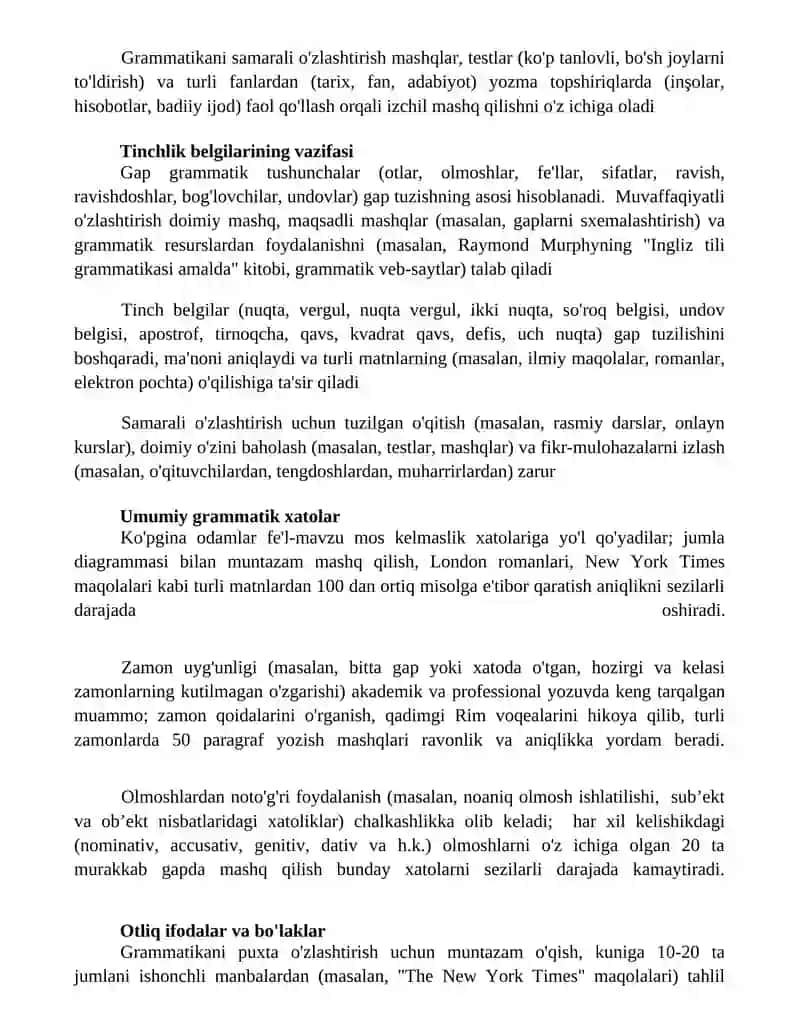 Grammatik tushunchalarni o’zlashtirish ustida ishlash jarayoni 2