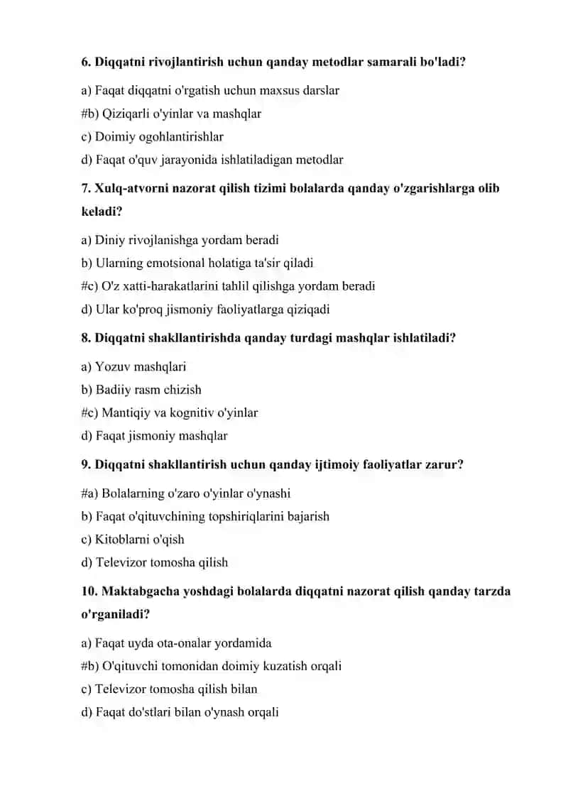 Diqqatning shakllanishi va xulq-atvorni nazorat qilish tizimi test savollari 2