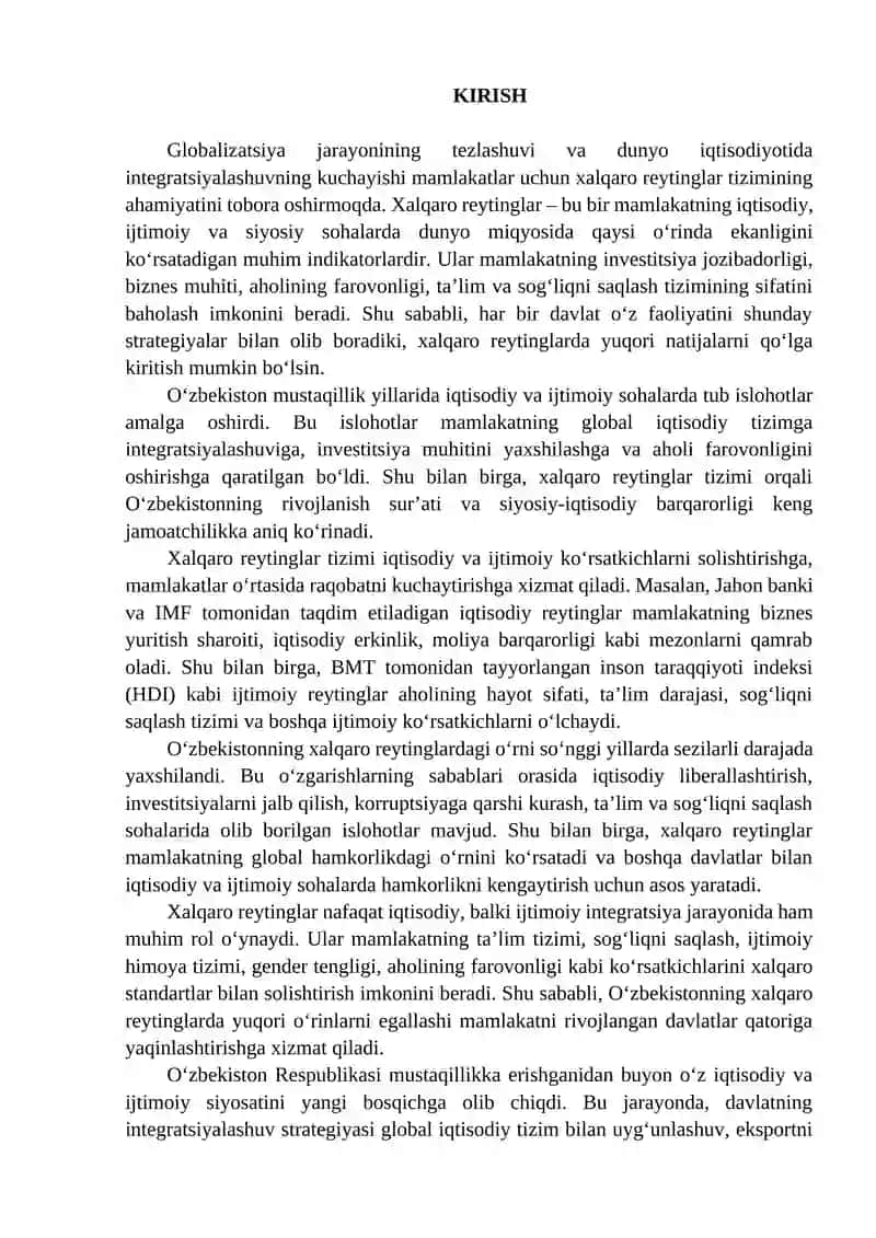 Iqtisodiy va ijtimoiy sohadagi ustuvor xalqaro reytinglar va ularga O‘zbekistonning integratsiyalashuvi 2