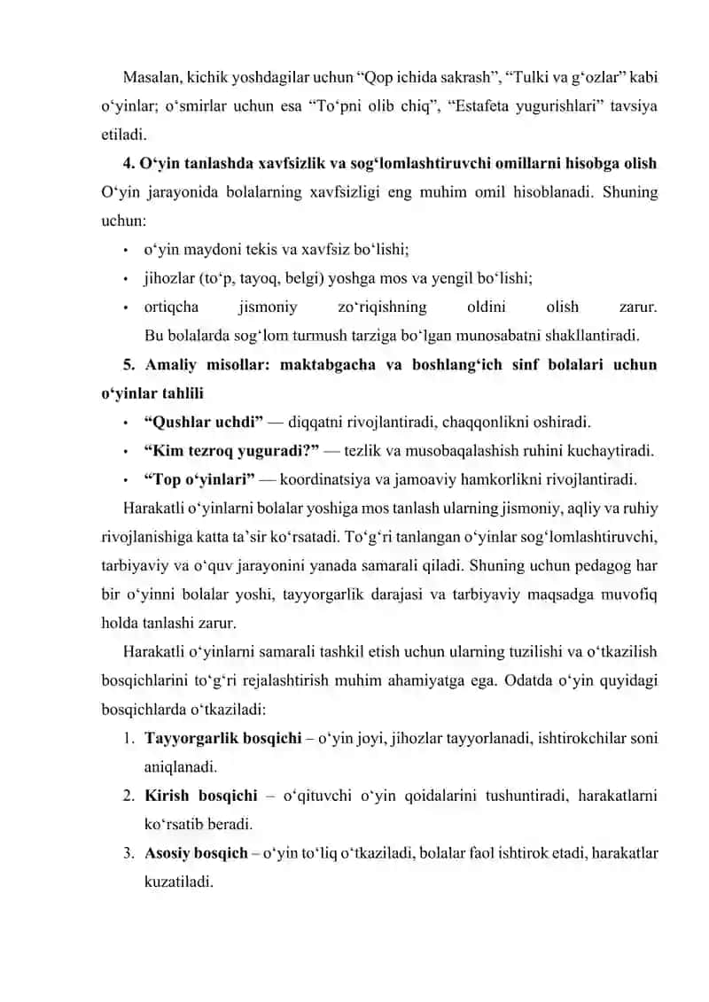 Harakatli o‘yinlarni bolani yoshiga mos holda tanlash, tahlil qilish va o‘tkazish metodikasi. 2