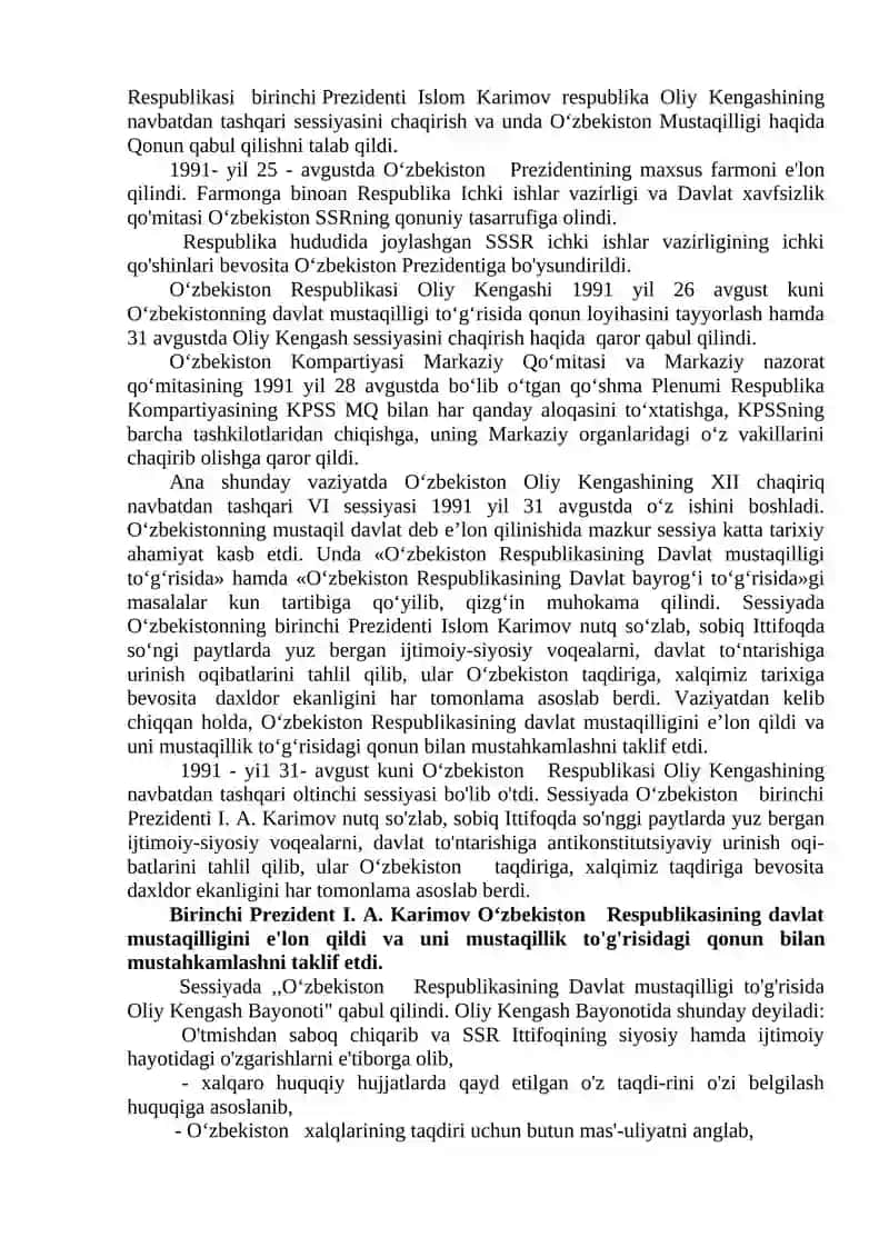 O‘zbekiston Respublikasi mustaqilligining e’lon qilinishi va uning tarixiy ahamiyati 2