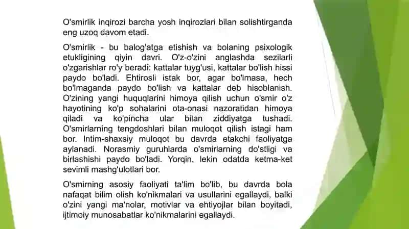 O'smirlik davri inqirozi va uning psixologik psixofiziologik sabablari. Taqdimot 2