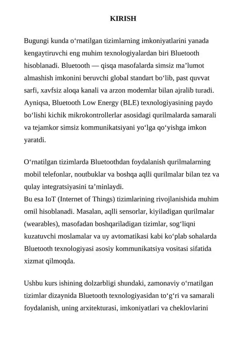 OʻRNATILGAN TIZIMLARDA BLUETOOTH TEXNALOGIYASI. 2