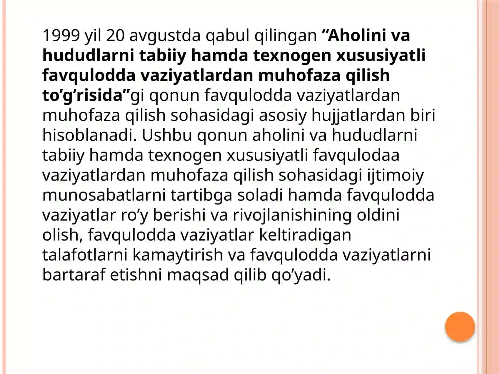 Aholini va hududlarni tabiiy hamda texnogen xususiyatli#dan muhofaza qilish to’g’risida 2