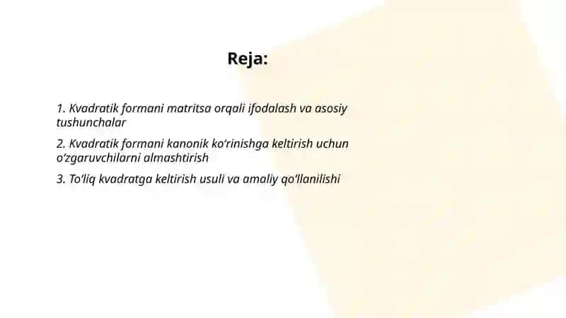 Kvadratik formani kanonik kõrinishga keltirish usullari 2
