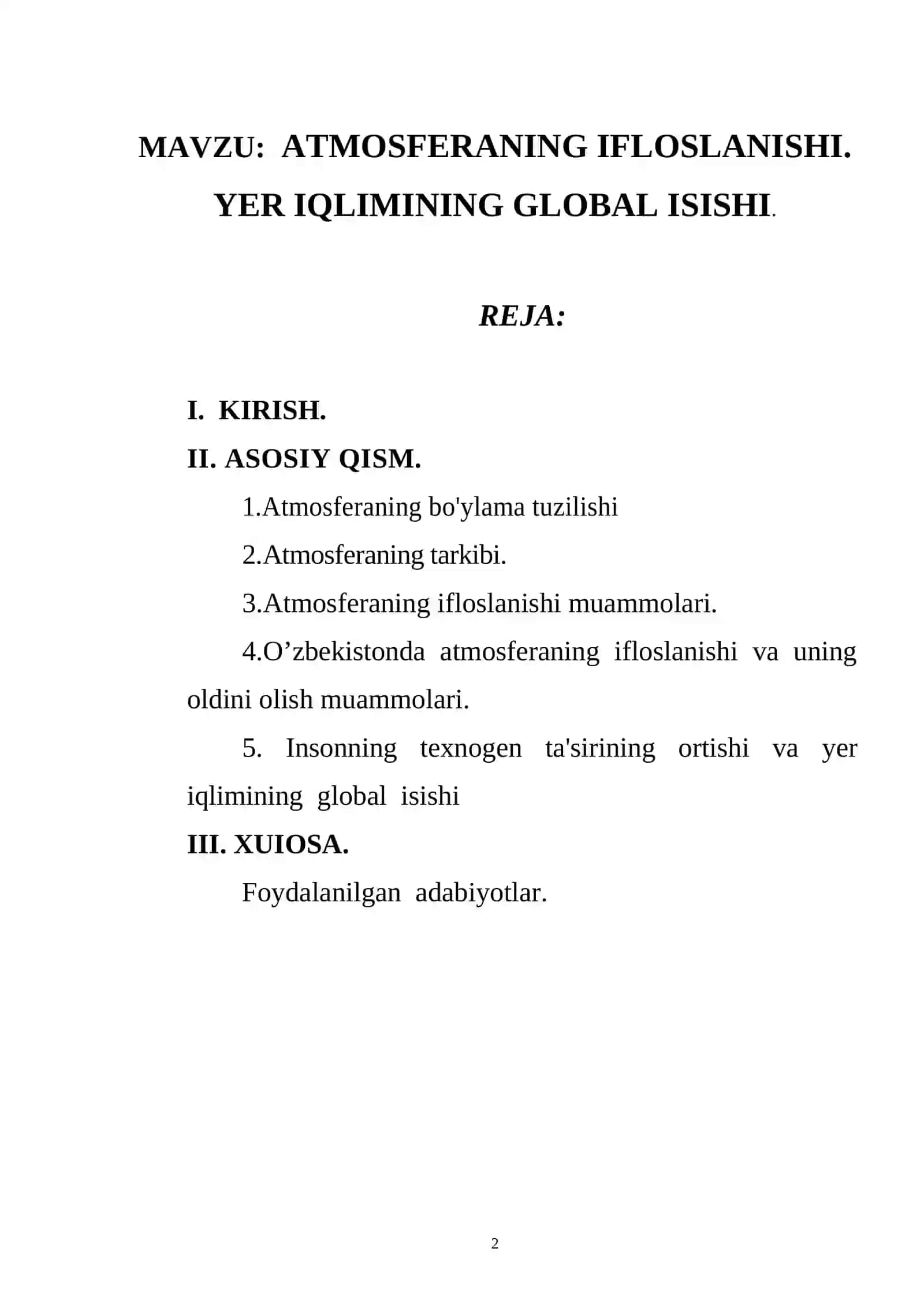 АTMОSFЕRАNING IFLОSLАNISHI. YER IQLIMINING GLОBАL ISISHI 2