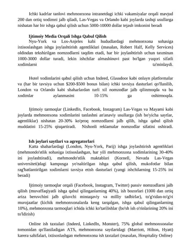 Mehmonxona xo’jaligida xodimlarni tanlash va yollash usullari 2