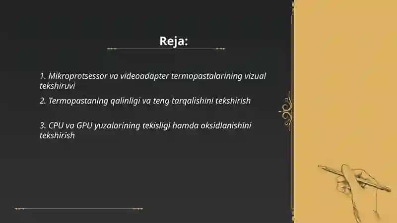 Sovutish tizimlarini (mikroprotsessor,videoadapter termopastalarini)tekshirish Abdurasulov Oybek 2
