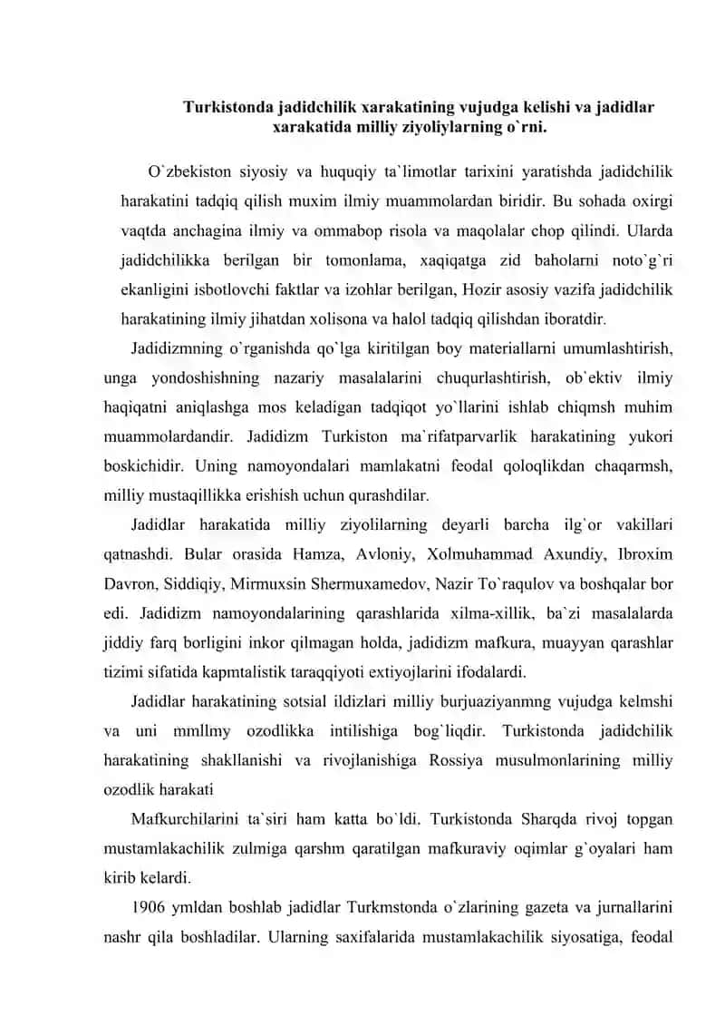 Turkistonda jadidchilik xarakatining vujudga kelishi va jadidlar xarakatida milliy ziyoliylarning o`rni 2