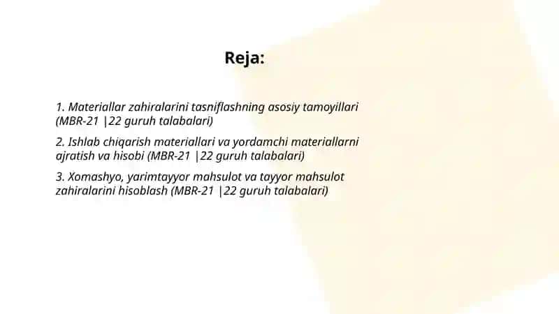Materiallar zahiralarini turkumlash va hisobning vazifalari 2