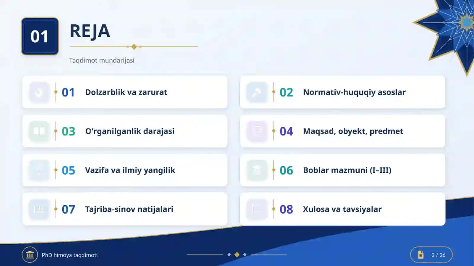 PhD Dissertatsiyasi seminari va himoyasi uchun premium universal taqdimot shabloni 2