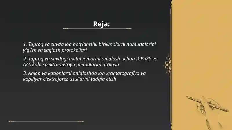 Tuproq va suvning ifloslanishida ion bogʻlanishli birikmalarni aniqlab ulardan tozalash usulini ishlab chiqish 2