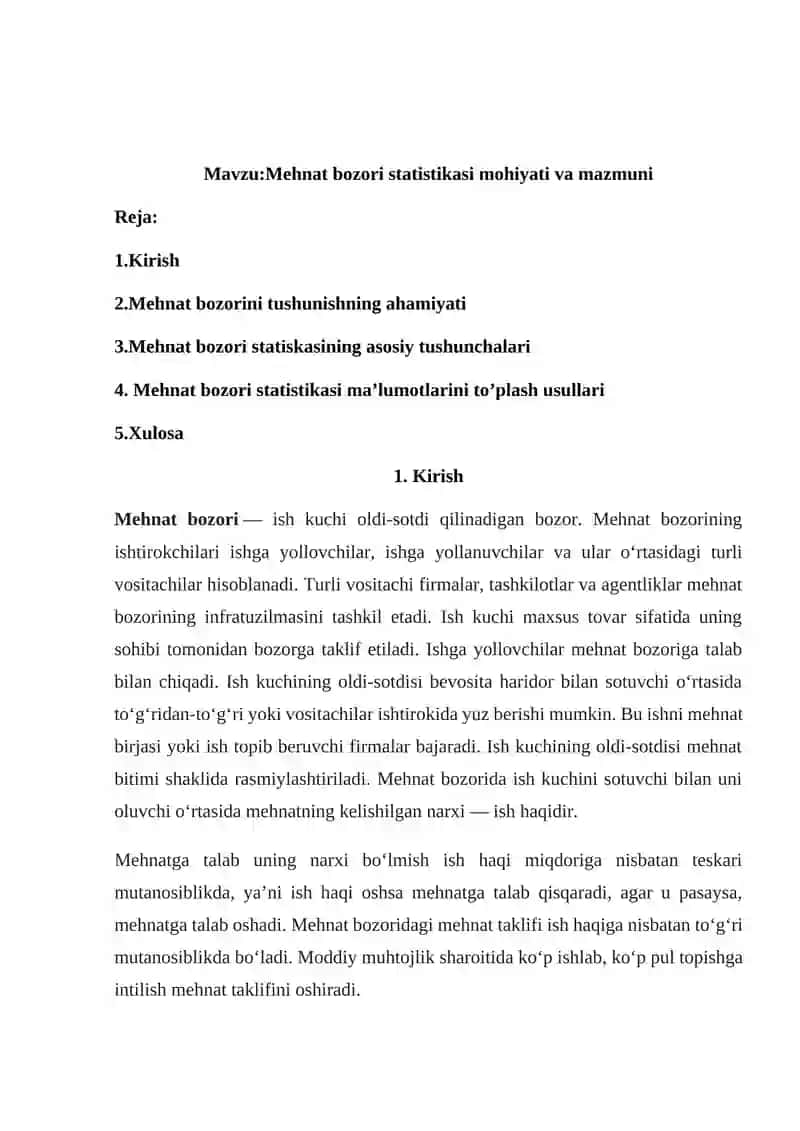 Mehnat bozori statistikasi mohiyati va mazmuni 2